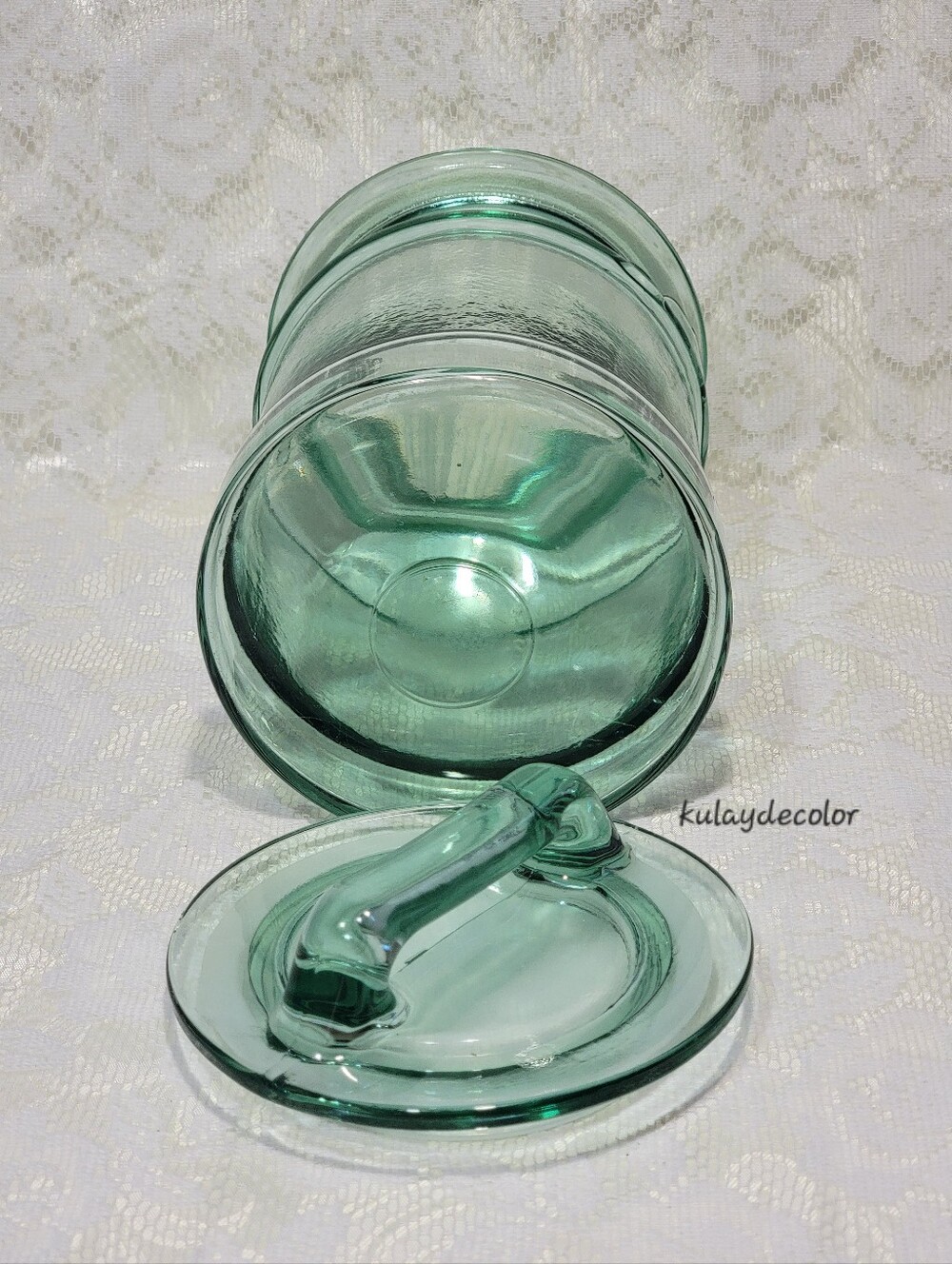 Vintage Green Glass Cookie Jar Canister Storage Jar w/ Lid Recycled Glass Style - Picture 9 of 16